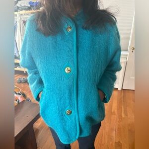 Rare Vintage Nicole Miller Turquoise Jacket 100% Angora Goat Mohair Size 2